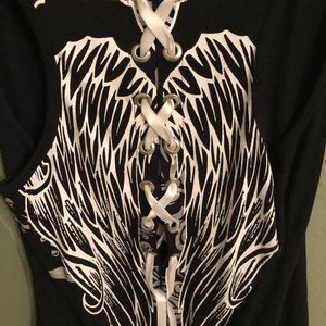 Black tank top with wings detail and lace up back